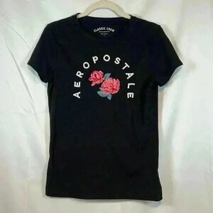 Aeropostale Black Embroidered Women's Short Sleeve Classic Crew T-Shirt Size L
